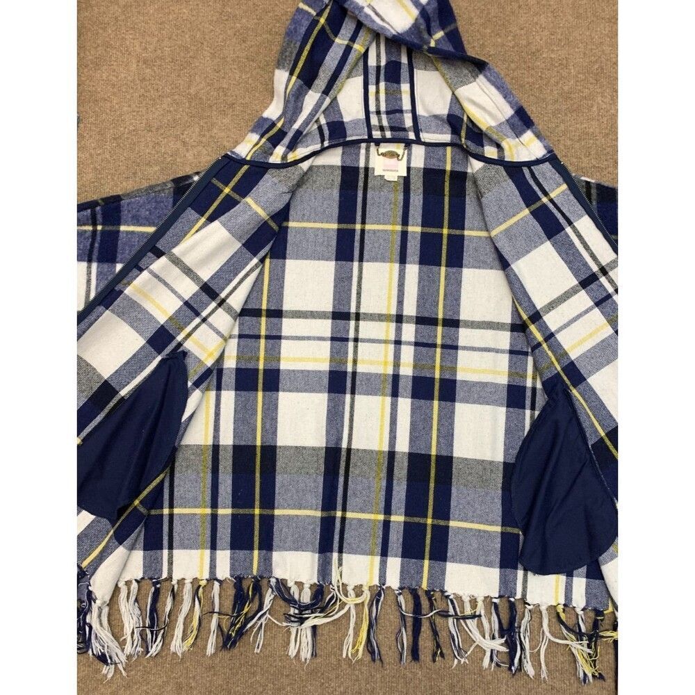Quiksilver Poncho Womens Wool Hooded Zip-Up Ponchito Blue Plaid Fringe - Picture 4 of 7